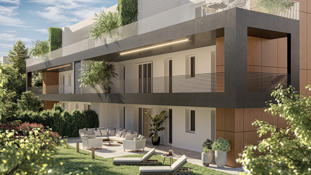 Rosseni è più di un'azienda: è una passione in movimento e questa foto rappresenta una casa situata a Cadoneghe grande e lussuosa, con un giardino con sopra dei lettini per il sole.